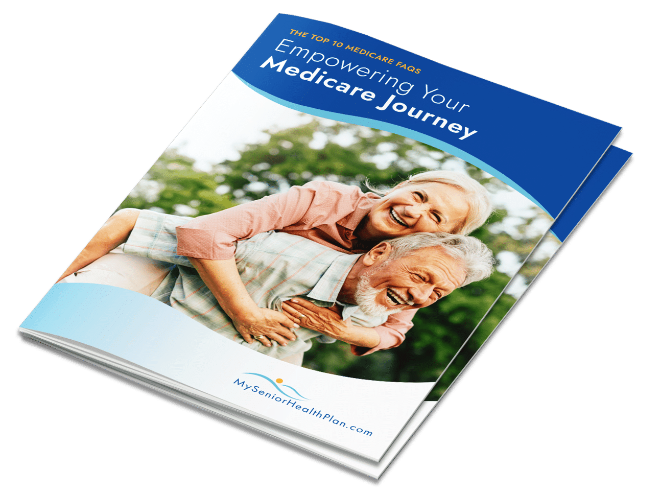 Front cover of the eBook titled "The Top 10 Medicare FAQs: Empowering Your Medicare Journey" featuring a happy senior couple enjoying the outdoors, symbolizing confidence and well-being in navigating Medicare.