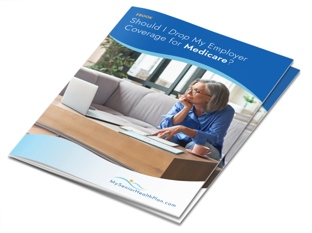 Cover-Mockup Cover of the eBook 'Should I Drop My Employer Coverage for Medicare?' showing a senior woman sitting at her desk, thoughtfully reviewing documents on Medicare coverage options.