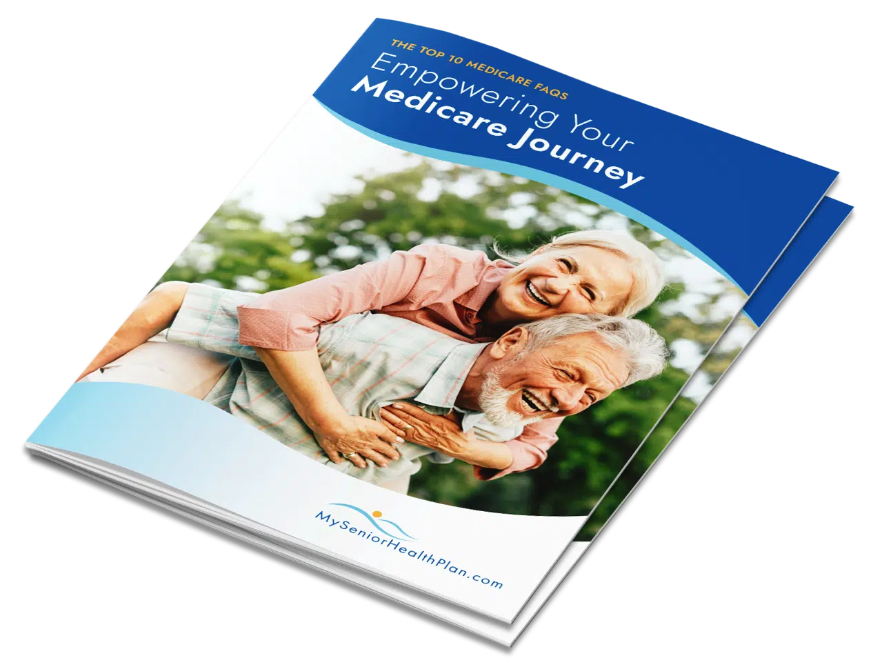 Front cover of the eBook titled "The Top 10 Medicare FAQs: Empowering Your Medicare Journey" featuring a happy senior couple enjoying the outdoors, symbolizing confidence and well-being in navigating Medicare.