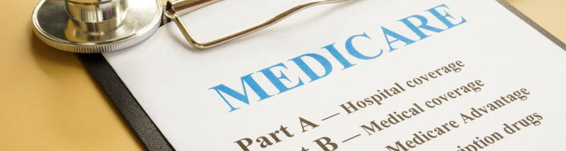 Medicare Image for Medicare Plans Landing Page MSHP Website 1120 X 300 Medicare parts explained on a clipboard with stethoscope and notebooks.