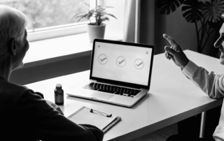 Two seniors using a computer to enroll in Medicare Part D